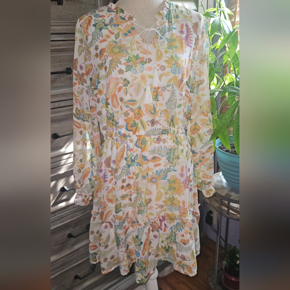 Robert Louis Multicolor Floral Tie-Front Tiered Midi Dress